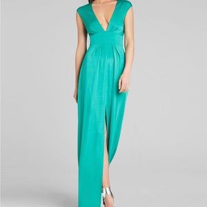 BCBG teal Kiera v-neck gown